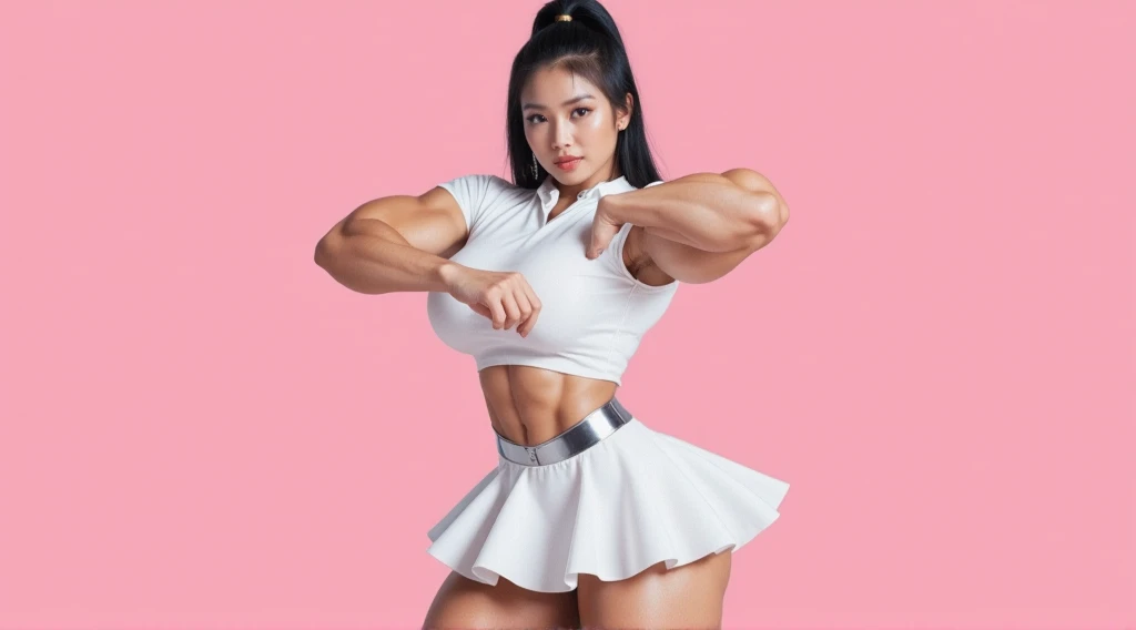 Full-body shot with a confident pose, set against a solid pink background, 49-year-old Korean woman with black hair styled in a sleek high ponytail. She wears a stylish K-pop inspired dress, a form-fitting, short-sleeved white dress with bold metallic silver accents, and a layered skirt that flares out from the waist. Her strong physique, particularly her sculpted arms and legs, is accentuated by the dress. She strikes a bold, confident K-pop dance pose, her expression fierce and commanding. The solid pink background makes her figure and outfit stand out dramatically.

