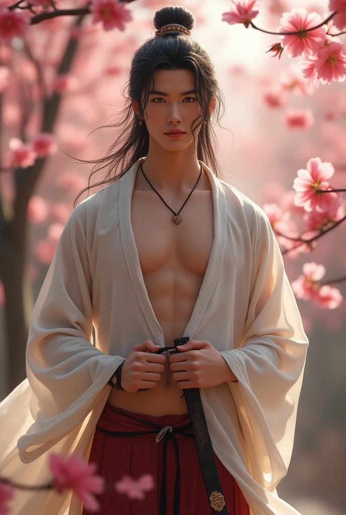 (photorealestic:1.3、best qualiy:1.3、in 8K、32 k)、(um homem:1.3、20-year-old、Soji Okita:1.3、Kimono with cherry blossom pattern、Swinging a sword:1.3、dinamic pose、Dynamic angles、actor:1.2、sweats、beard、Chest hair)、muscled、blackhair、(Cinematographic lighting)、Soft Light、Double eyelidd、hyperdetailed face