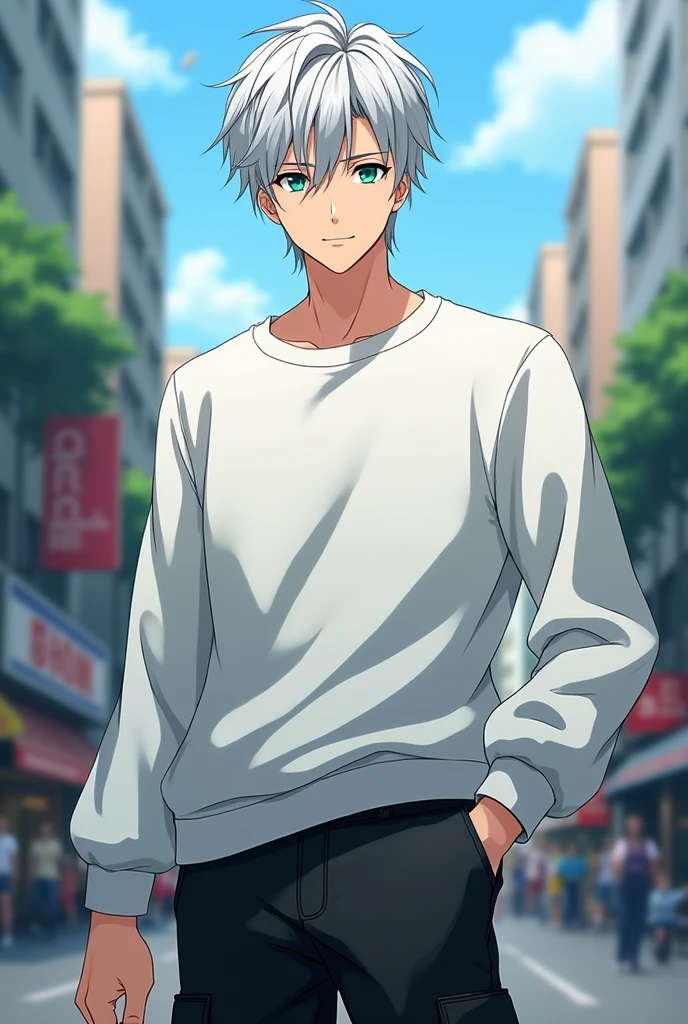 ((HD)) (( high resolution )) ((4K)) ((Seikon no qwaser)) ((Alexander Nikolaevich Hell )) 1garoto ((beautiful perfect face))  solo  short silver hair green eyes wearing white sweatshirt long sleeves black cargo pants (( background of a city during the day ))