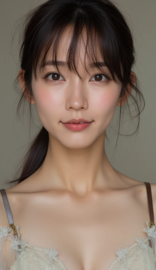 ((Showpiece、top-quality、highly accurate))、女の子1人、(Photorealsitic:1.4)、(((Look up at the camera even slightly above、looking up at camera、look up to、looking up at camera、stares at the camera)))、独奏、erectile nipple、Beautiful large breast、white backgrounid、with a pure white background、closes mouth、Happy smiling face、Happy smile、Smiling happily、pretty black hair、short-hair、big eye、pronounced double eyelids、Lashes、Put your ears out、long neck、long neck、Absolute area、((close up of face))、age19、Attractive proportions、shinny skin、Clean collarbone、Golden Ratio Face、face perfect、Tear mole、mole in breast、bangss、Clean bangs、Beautiful bangs、lipgloss、thin lipss、de pele branca、clothes removed、large full breasts、a small face、a small face、Staring slightly upwards at the camera