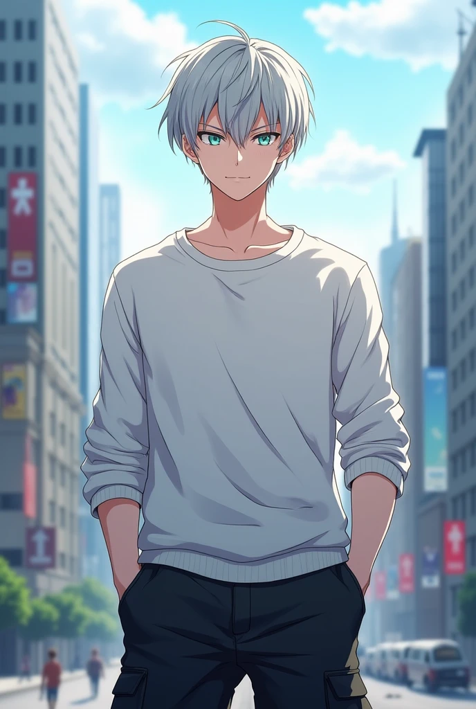 ((HD)) (( high resolution )) ((4K)) ((Seikon no qwaser)) ((Alexander Nikolaevich Hell )) 1garoto ((beautiful perfect face))  solo  short silver hair green eyes wearing white sweatshirt long sleeves black cargo pants (( background of a city during the day ))