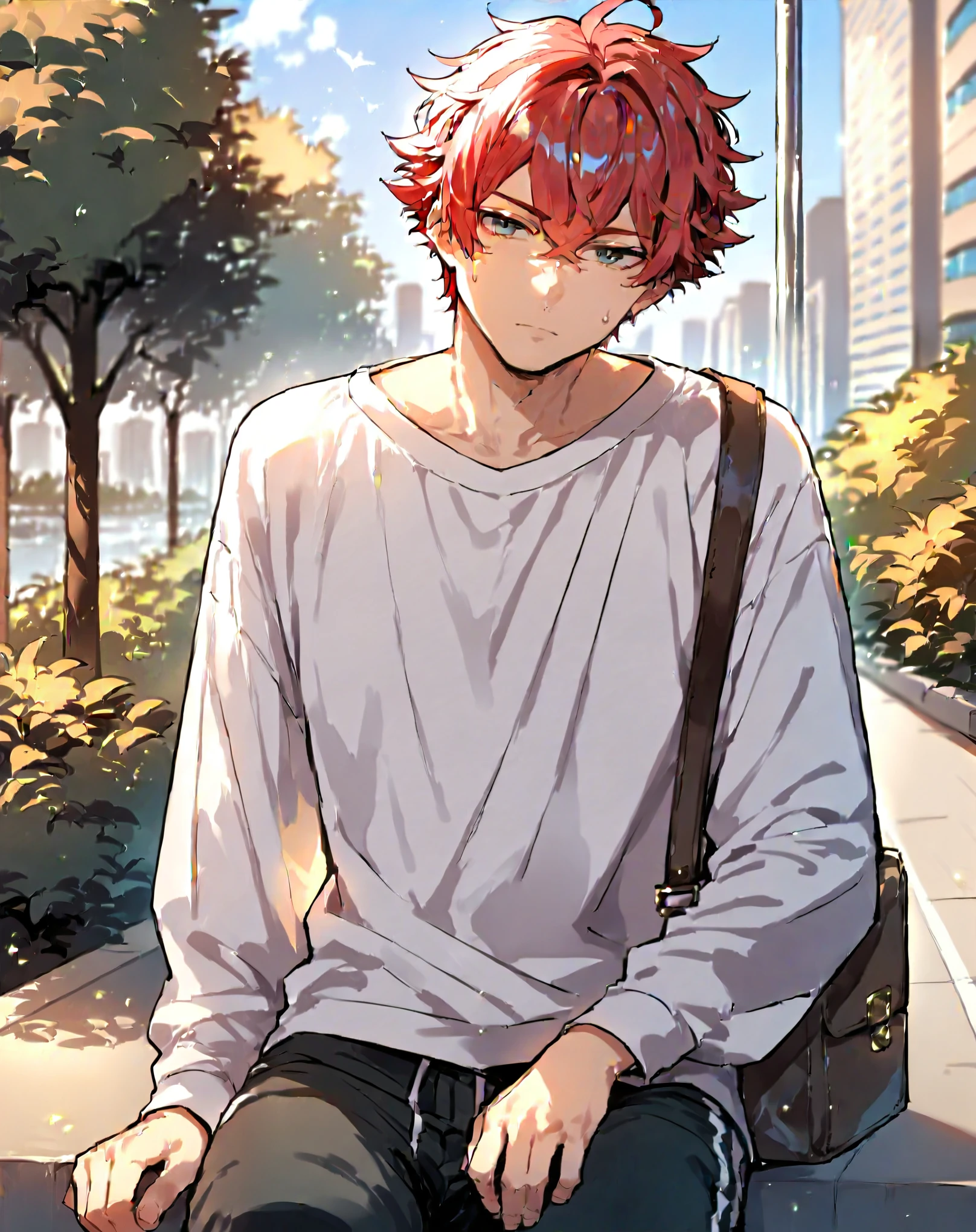 score_9, score_8_up, score_7_up, source_anime {{cowboy shot, source_anime, outdoors, city, park, looking at viewer, solo, sitting on ledge}} male, mikoshiba mikoto, crimson hair, crossed bangs, sweatpants, oversized shirt, satchel, head tilt.
