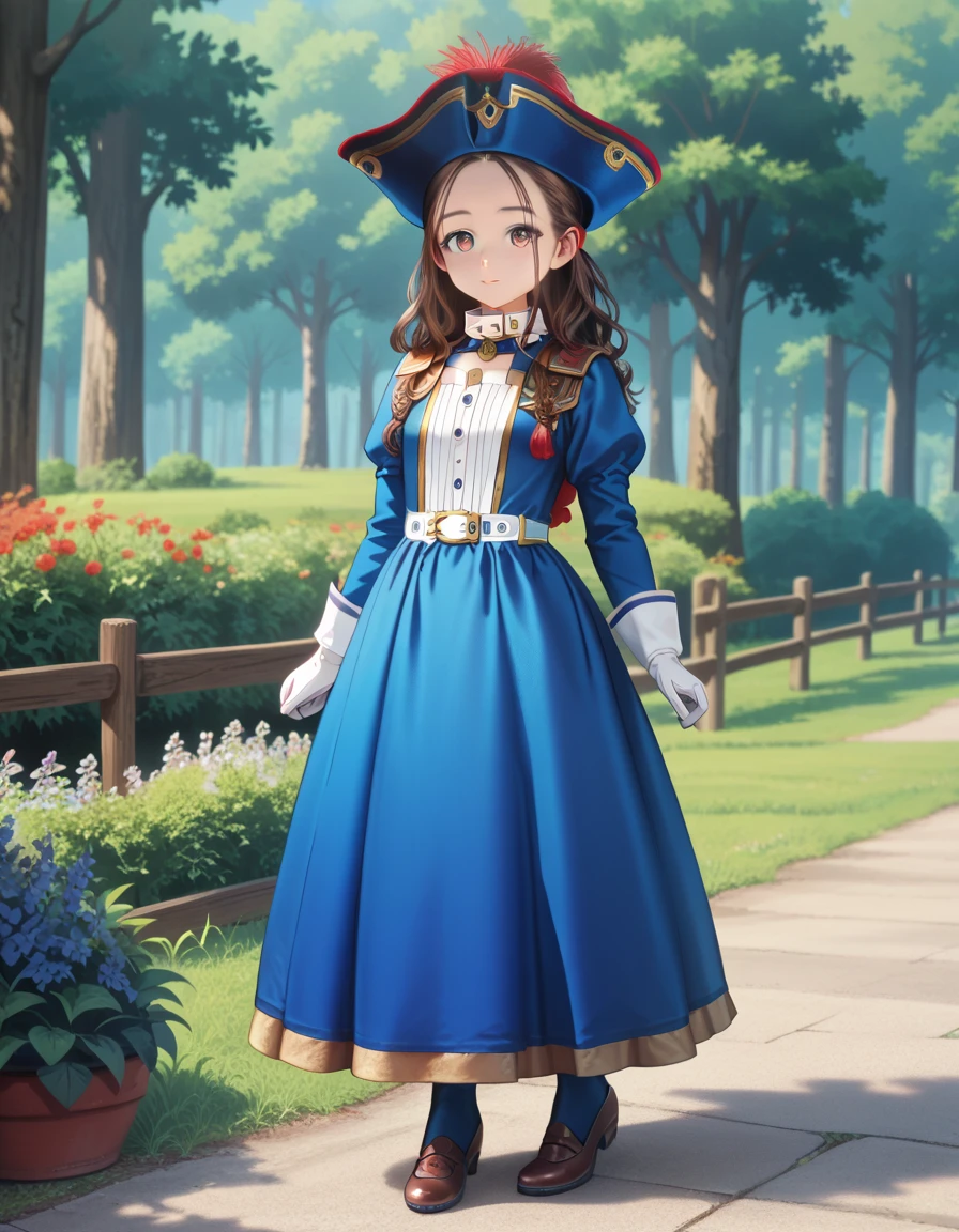 score_9, score_8_up, score_7_up, masterpiece, high res, detailed face, detailed eyes, anime screencap, 1 girl, solo, tall, slender, brown hair. forehead, grey eyes, long hair, blue outfit, skirt, musketeer hat, red plume, white collar, gloves, outdoors, full body,