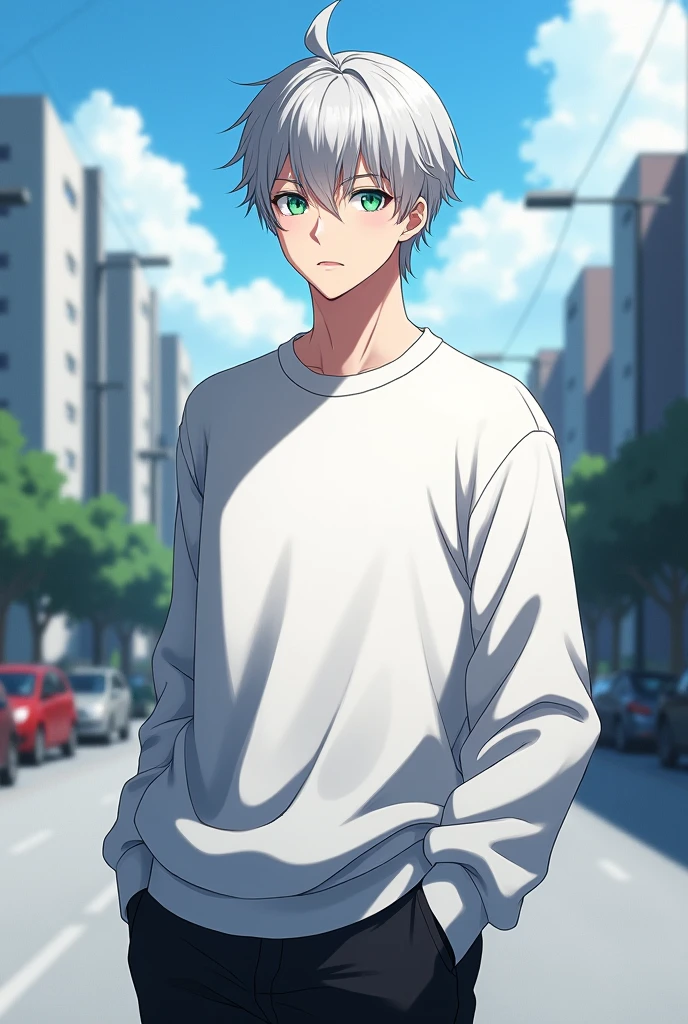 ((HD)) (( high resolution )) ((4K)) ((Seikon no qwaser)) ((Alexander Nikolaevich Hell )) 1garoto ((beautiful perfect face))  solo  short silver hair green eyes wearing white sweatshirt long sleeves black cargo pants (( background of a city during the day ))