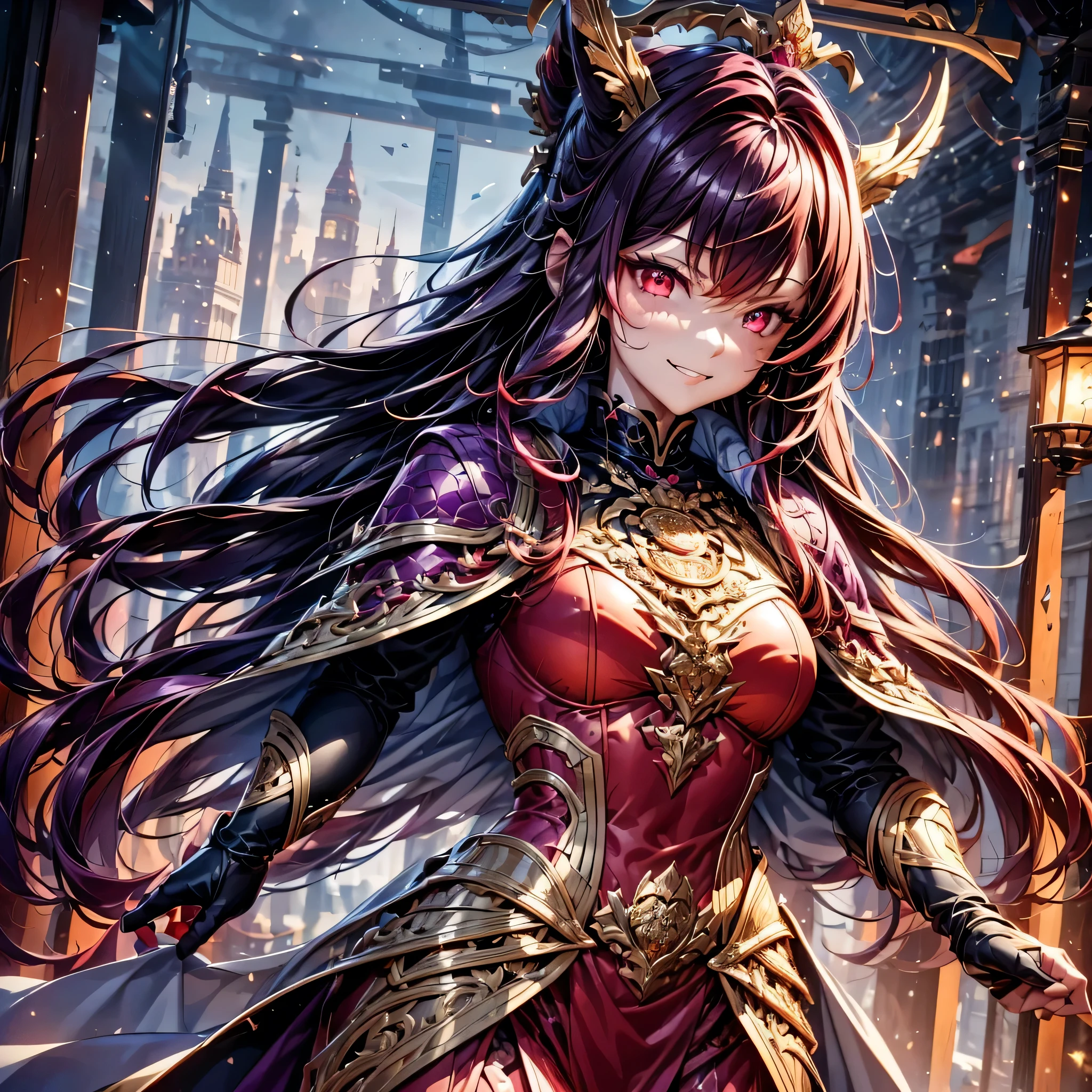 best quality,4K,high resolution),Ultradetailliert,realistisch,portrait, Lila Samurai Sukkubus  dunkelrotem Haar, a purple-dark red winterdress with gold neon lights with gold trim and glowing red eyes, Leuchtende Farben, delicate features, seductive glance, Charming smile, wallende Haare, sanfte Beleuchtung