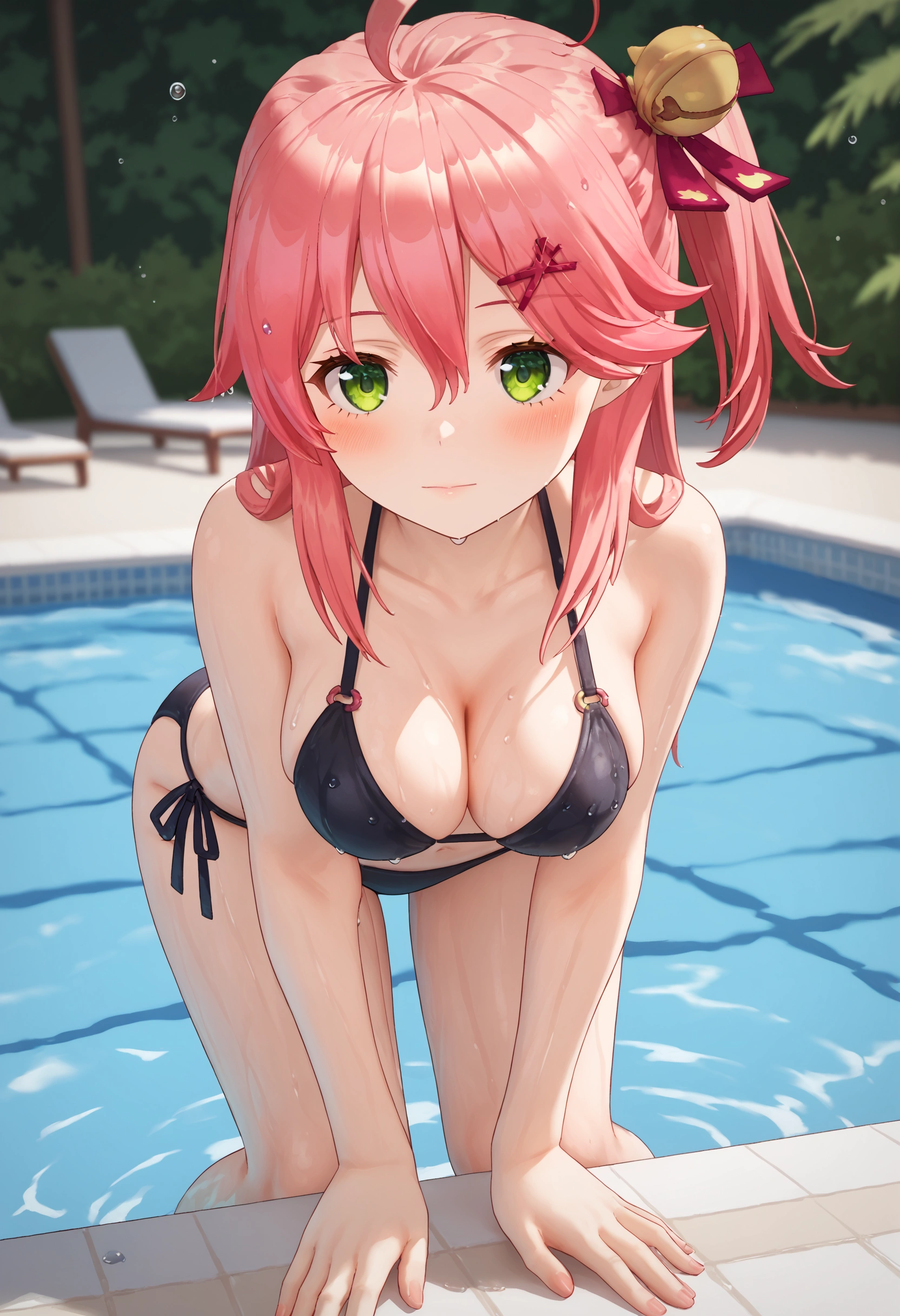 score_9,score_8_up,score_7_up,source_anime,high res image,shiny hair,ultra detailed eyes,1girl,Miko_nml,green eyes,pink hair,pink hair,ahoge,long hair,one side up,large breasts,bikini, black bikini, wet, pool, blush,arms up, pool,(leaning forward:1.3), (hands on knees:1.3)