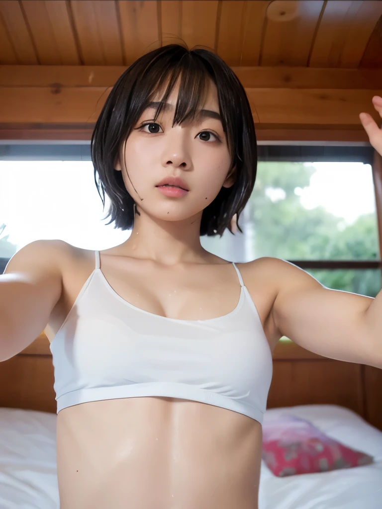 very detail, masterpiece, looking at viewer,mieruko, miko yotsuya, wearing black tanktop, armpits, armpits visible, dark blue hair, yellow eyes, nipple hard, nipple slip