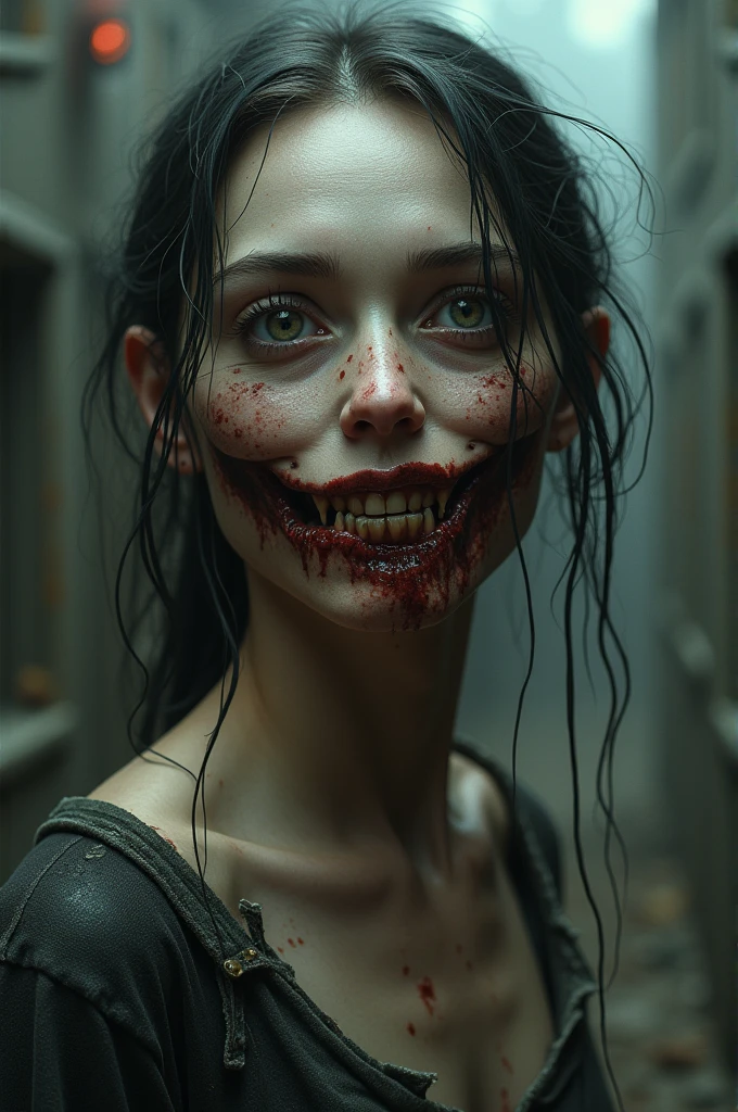 Photo of redhead woman with blood dripping down her face, detailed skin texture, wavy hair, fangs, bokeh background, at night, 1girl, grin, horror theme, maniacal smile, predatory eyes ,  red pupil, low key, <lora:lowra_v10:0.5>