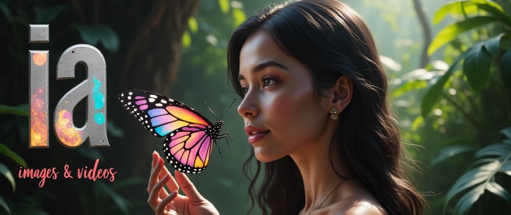 A dreamy composition featuring a young stunning elegant woman with flowing black smoke hair,((multicolor skin)) ((looking at a magestic multicolor butterfly), (intense look and dark eyes, light smile). ((On one side, the bold letters "IA" are styled in bright silver with a slight graffiti texture, while below the image text reads "images & videos" in an red handwritten-style font)). Background of deep jungle, sun lights through the leaves. The overall tone is soft, elegant and delicate, with a slightly surreal ambiance. (Realistic light, textures and details. Full HD, 8K)