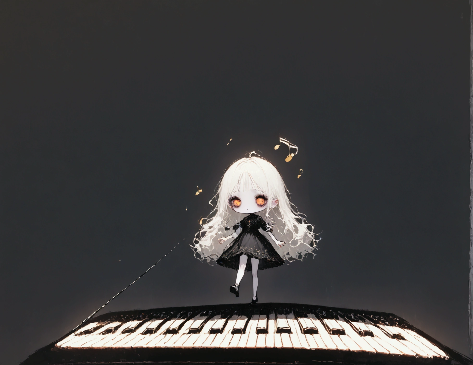  big piano key \white keyboard \ black keyboard \１t１tがとても大きい, (( girl walking on the keyboard, Walk like bouncing)),  white skin,  black dress, Walk sideways:1.5,  black background, Decadent,  dark and lonely atmosphere , ♪, ♬, (retina, masterpiece, high details, best quality,  highres icon, high quality), Flat:1.3