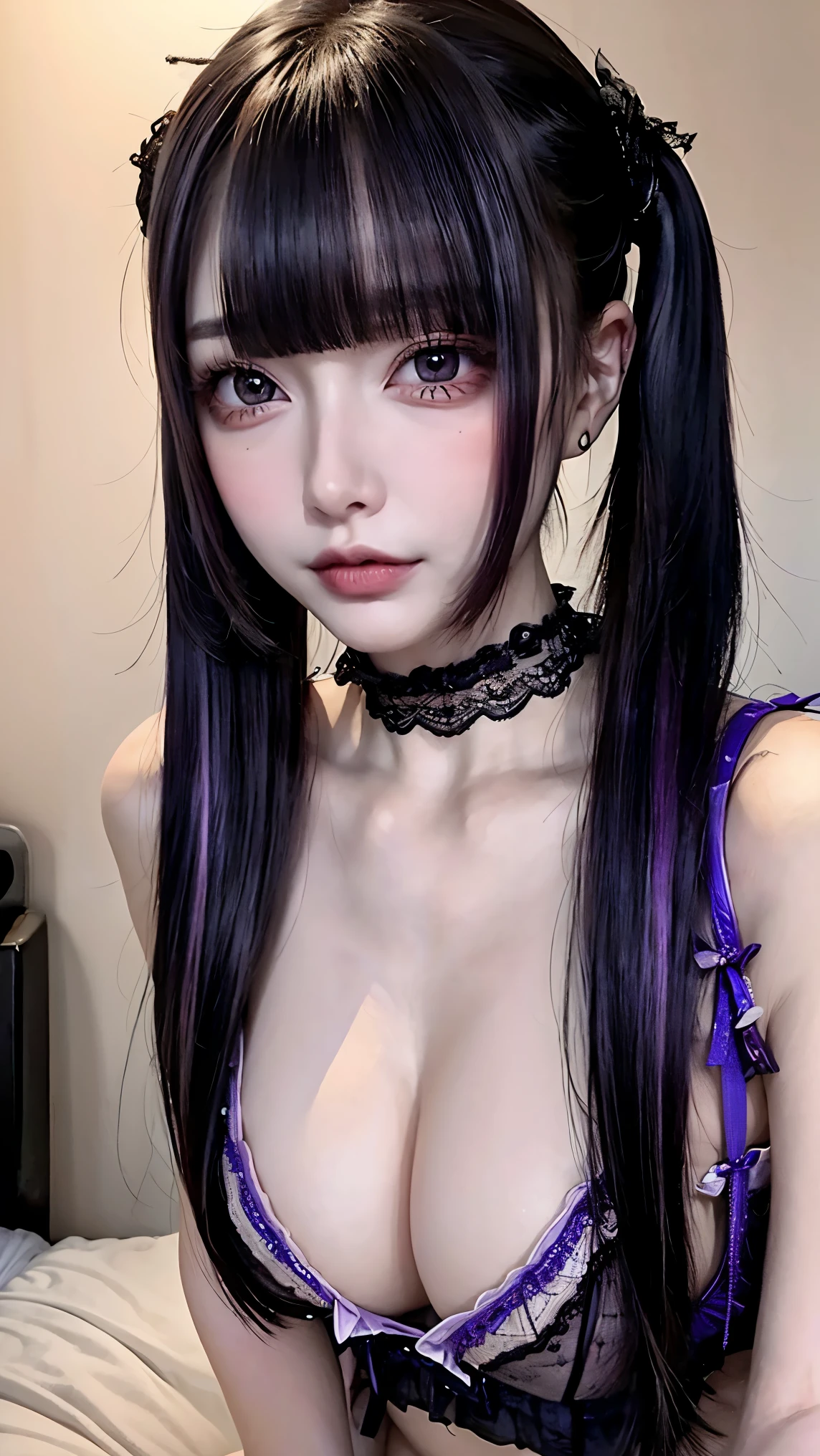 photo shoot, masterpiece, Best Quality, 8k,  high resolution on down,  high resolution on down, ( on the bed:1.2), ( bright colors:1.2), 1 girl,  purple eyes,  Movie Lighting、Purple and  Black Hair 、(Landmine Girl、 Heavy makeup)、( earrings for a woman alone、たくさんの earrings for a woman alone)、((Heavy makeup、,  growing skin  、  realistic skin texture 、Beautiful Skin))、  Blue Movie Picture  、( full shot :1.8),Thin arms、Narrow shoulders、 thin waist in an unmanned bar、Slender body、(( small breasts)), whole body、(Room lighting:-0.8),  (Lingerie:1.5),  choker,cross， Twin Tails，alternate hair color， Purple and Black Multicolor Hair ,{{{alternate hair color}}}, Purple Hair, Black Hair ,{{{ purple streaked hair ,}}},indoor 