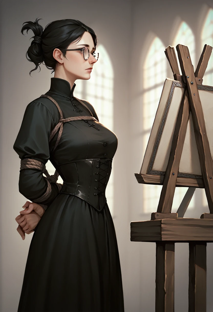 Woman, black hair, glasses, hair tied up, black dress,Painting style art, medieval clothing 