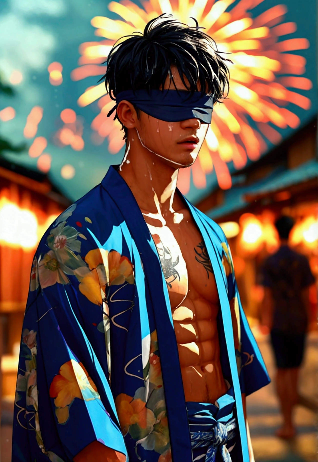 Best Quality、Super detailed、 masterpiece、 Japanese、young、young男性、young男、Muscular、The perfect man、Blindfold、 open your mouth 、 perfect body、Big body、I'm wearing a bright yukata、tattoo on chest、 brown skin、Black Hair、Short Hair、(Hairy、sweat:1.2)、Summer Festival、night、firework、Perfect penis、13 cm penis、cum on body、excessive cum