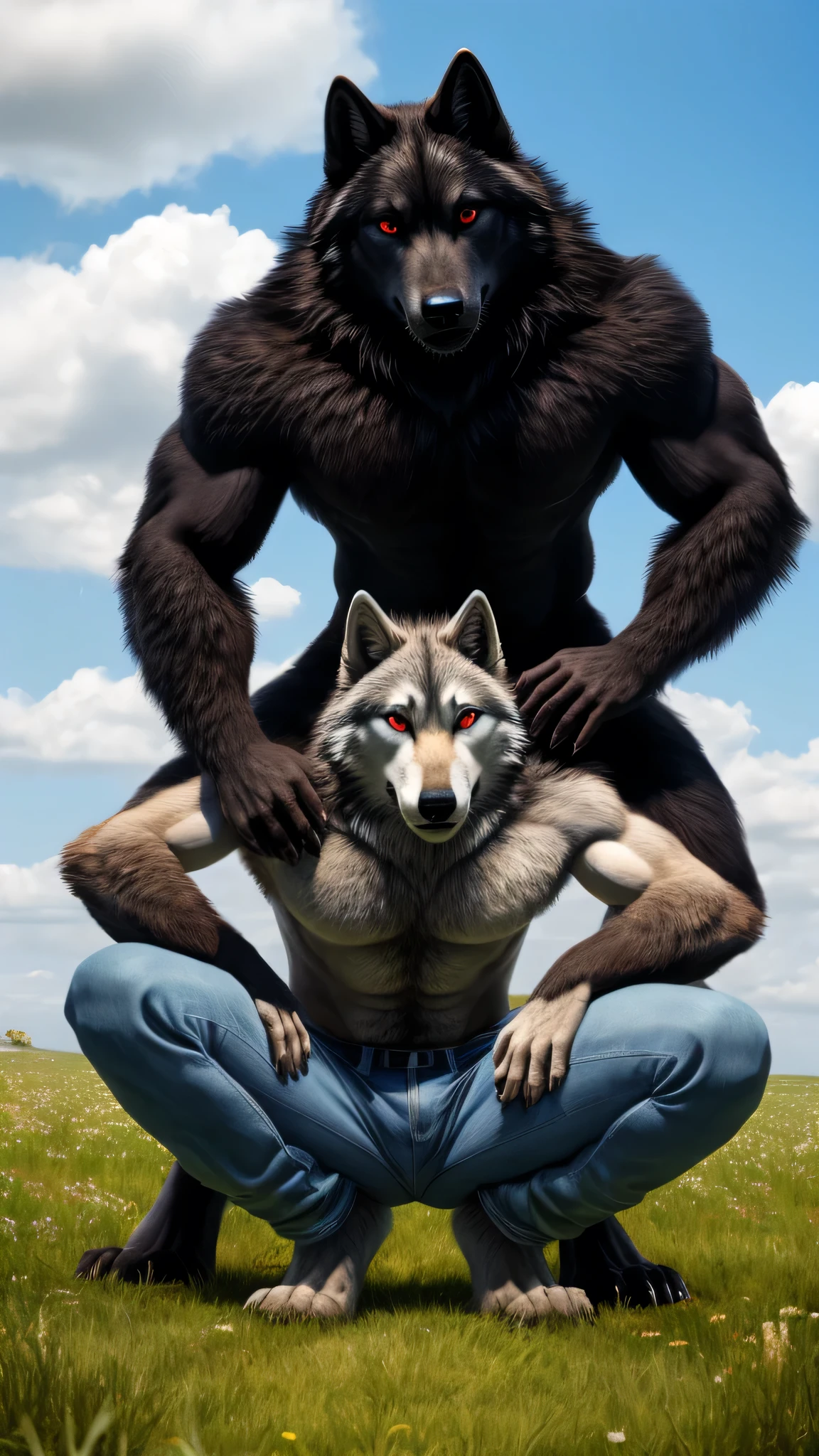   Two male black wolves side by side, hairy, sky blue jeans and sky blue shirts  , squatting posture,  open legs , blue sky background, in a meadow, white clouds,  long fluffy tail , red eyes,  Clawed hands , feet with wolf claws  ,   looking at the spectator 