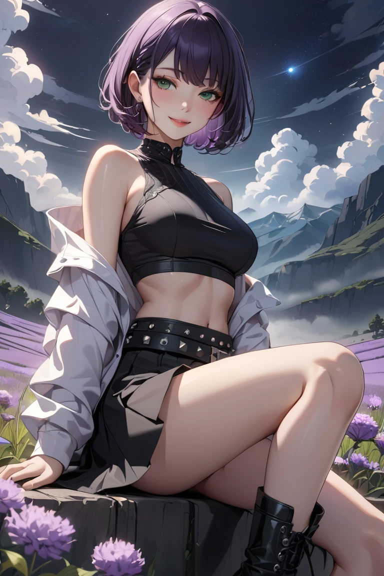 gorgeous lips, cinematic, (masterpiece), (best quality), (ultra-detailed), very aesthetic, illustration, perfect composition, intricate details, absurdres, detailed face, (anime, masterpiece, intricate:1.3), smiling
black short hair, green eyes, pale skin, black crop top off the shoulders, black skirt with studded belt, black boots, dark sky, mist fog, ambient moonlight, purple meadow field, high quality resolution diffinition master piece