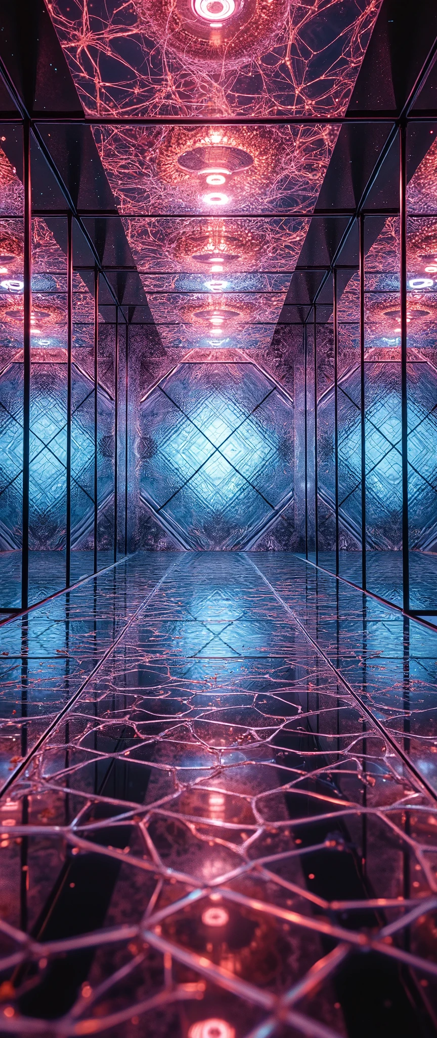 masterpiece,Super detailed, super high definition,16k,wallpaper, Installation Art,Draw a kaleidoscopic geometric pattern in a fully mirrored room