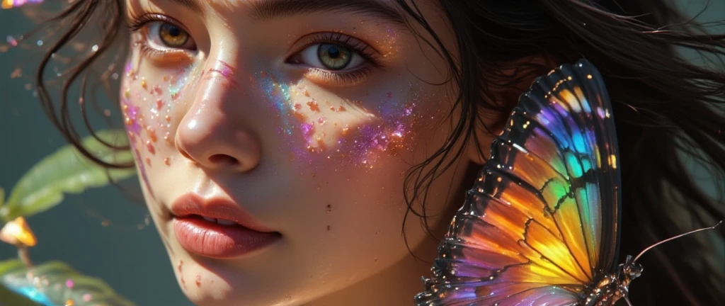 A dreamy composition featuring a young stunning elegant alien  woman with flowing black smoke hair,(( she has multicolor rainbow skin)) ((looking at a magestic multicolor butterfly), (intense look and dark eyes, light smile). ((On one side, the bold letters "IA" are styled in bright silver with a slight graffiti texture, while below the image text reads "images & videos" in an red handwritten-style font)). Background of deep jungle, sun lights through the leaves. The overall tone is soft, elegant and delicate, with a slightly surreal ambiance. (Realistic light, textures and details. Full HD, 8K)