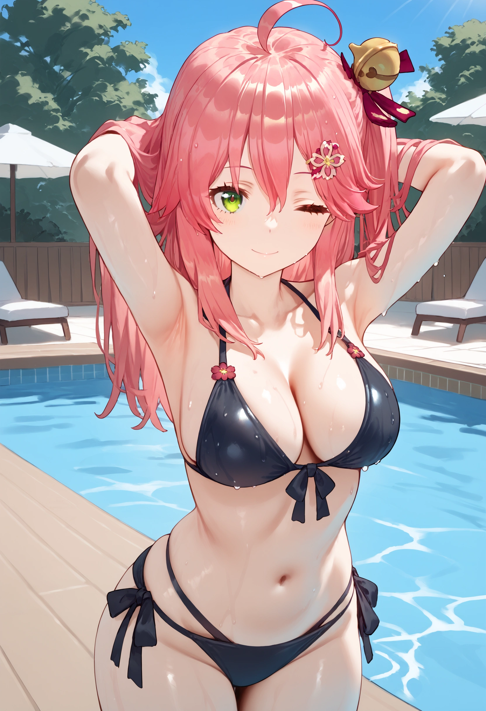 score_9,score_8_up,score_7_up,source_anime,high res image,shiny hair,ultra detailed eyes,1girl,Miko_nml,pink hair,pink hair,ahoge,long hair,one side up,large breasts, solo focus, swimsuit,bikini, black bikini, wet, pool,arms up, pool,sexy,cowboy shot,one eye closed,smile