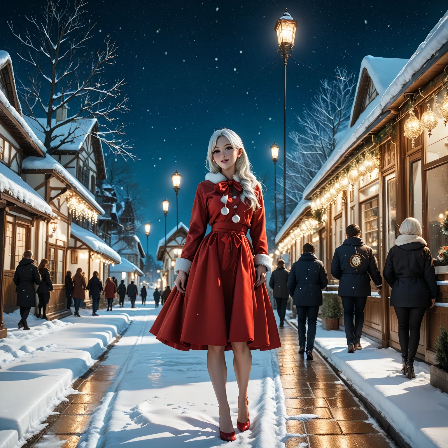 Masterpiece quality. 1 girl, extremely detailed red cheeks. Small waist, fair skin, bright lighting. Christmas dress set, exquisite details. Intricately detailed. Clean skin, ****ung Muscovite. (white hair), long hair. long hair, snowy landscape, walking through the city, city at night, yellow lights, decorated houses, panoramic perspective, snow falls at night, no errors. detailed body, 8k. cinematographic scene. Walking. Snowy night. >Image quality 4k, 8k, full HD, defined details, distant details without Pixel< (Face, eyes, Body: 8K).