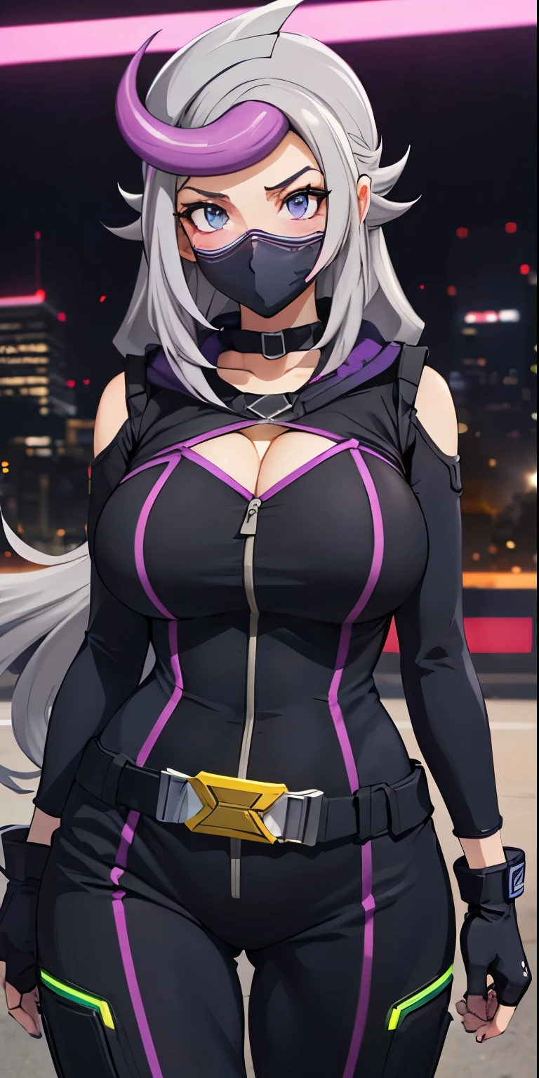 1 Female,High definition,high resolution,Ultra-realistic,8K, 1girl,  (emma_bessho:1.2),  (grey hair:1.2),(  purple hair:1.2),  grey eyes,  low-tied long hair,  (large breasts:1.2),  (wide hips:1.2),  (purple bodysuit:1.2),  (long sleeves:1.2),  (pants),  (black gloves,  fingerless gloves:1.2),European,sexy,Upper body close-up,Photographed from the front,Dynamic Angles,blush, big tits, facial, sweat, (wide thighs:1.3),cyberpunk city, purple neon lights ,detailed face ,(mask)