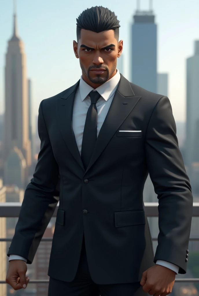 african male, dark skin, silver mohawk, brawny and broad shoulders, suit