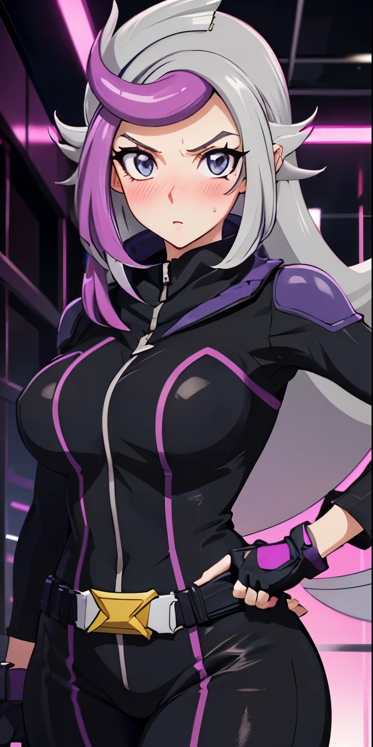 1 Female,High definition,high resolution,Ultra-realistic,8K, 1girl,  (emma_bessho:1.2),  (grey hair:1.2),(  purple hair:1.2),  grey eyes,  low-tied long hair,  (large breasts:1.2),  (wide hips:1.2),  (purple bodysuit:1.2),  (long sleeves:1.2),  (pants),  (black gloves,  fingerless gloves:1.2),European,sexy,Upper body close-up,Photographed from the front,Dynamic Angles,blush, big tits, facial, sweat, (wide thighs:1.3),cyberpunk city, purple neon lights ,detailed face 