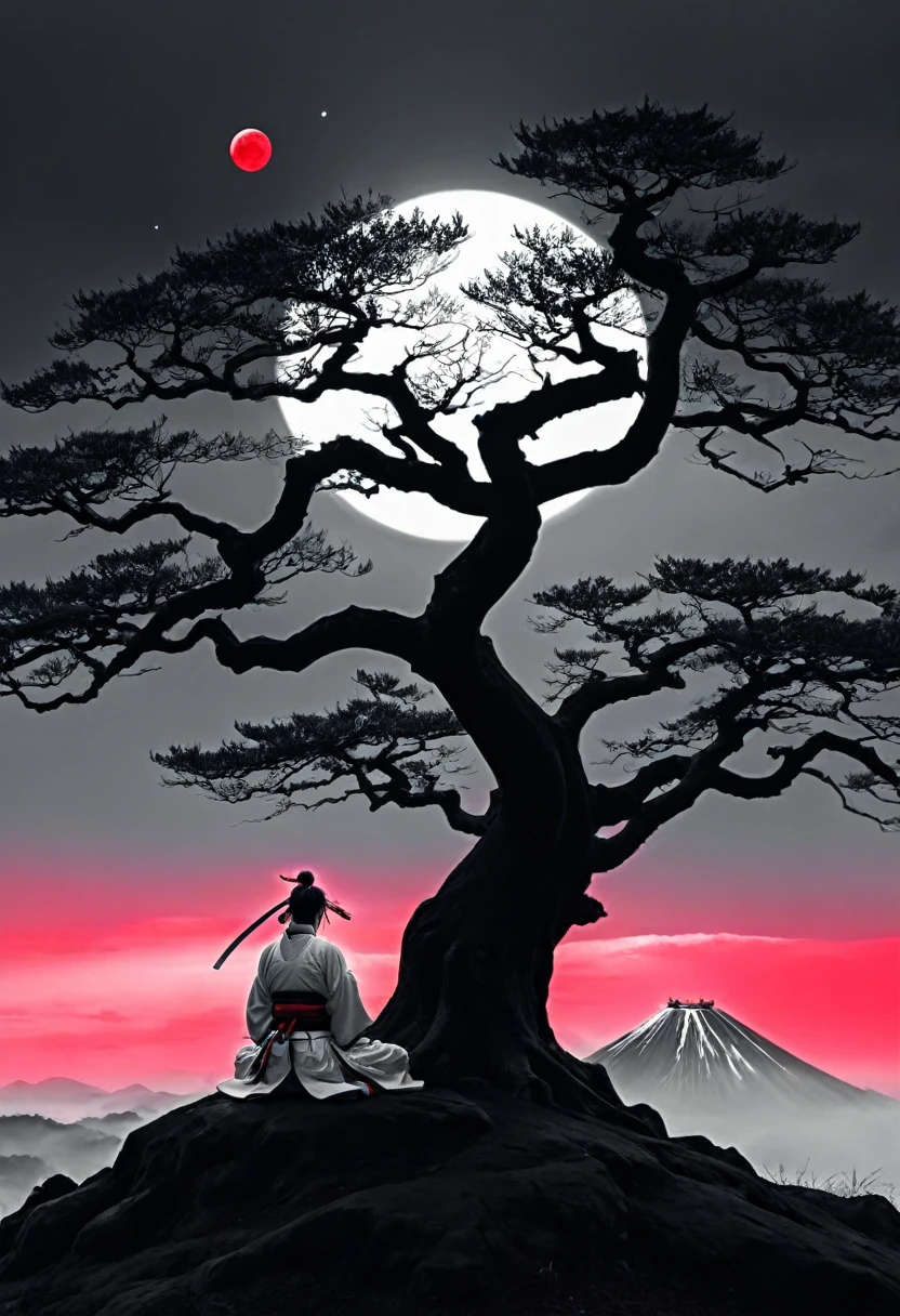 surreal theme, anime style, white fleecy hill, sprawling black and white tree,a samurai meditates under a tree , red neon moon in white and gray sky, max details, dynamic, great lighting, perfect shading, atmospheric, best quality, sharp focus, high contrast, stylized, clear, surreal, ultra quality, 8k, best quality, masterpiece