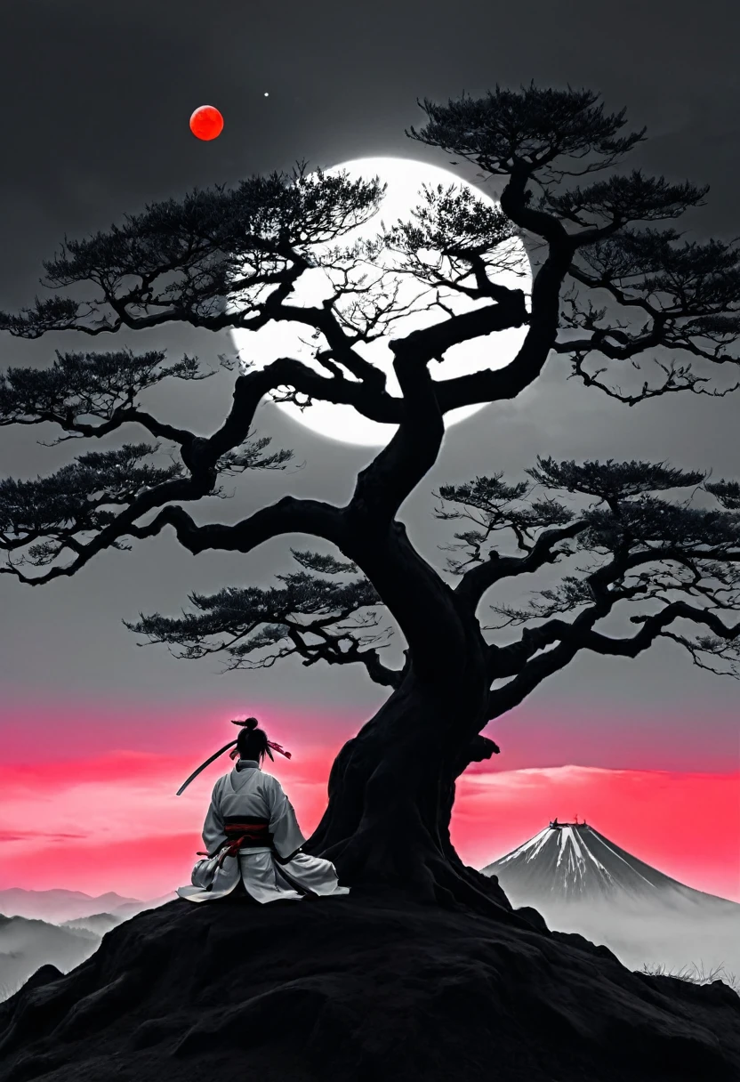 surreal theme, anime style, white fleecy hill, sprawling black and white tree,a samurai meditates under a tree , red neon moon in white and gray sky, max details, dynamic, great lighting, perfect shading, atmospheric, best quality, sharp focus, high contrast, stylized, clear, surreal, ultra quality, 8k, best quality, masterpiece