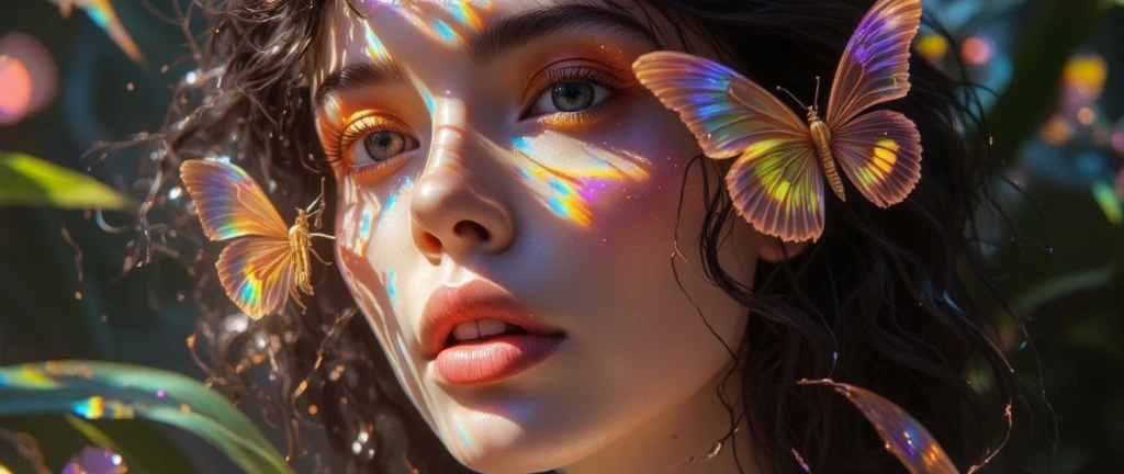 A dreamy composition featuring a young stunning elegant alien  woman with flowing black smoke hair,(( she has multicolor rainbow skin)) ((looking at a magestic multicolor butterfly), (intense look and dark eyes, light smile). ((On one side, the bold letters "IA" are styled in bright silver with a slight graffiti texture, while below the image text reads "images & videos" in an red handwritten-style font)). Background of deep jungle, sun lights through the leaves. The overall tone is soft, elegant and delicate, with a slightly surreal ambiance. (Realistic light, textures and details. Full HD, 8K)