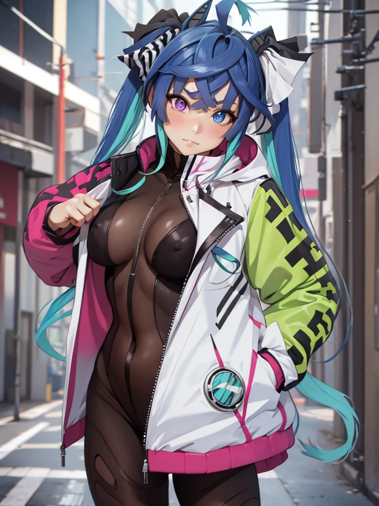 (​masterpiece, top-quality, hight resolution, Unity 8k, extremely details CG:1, Best Picture), (upper body, blush, steam), ((((bodystocking)))), ((open jacket)), korotsuke style, Twin_Turbo_Umamusume, aqua hair, twintails, heterochromia, purple eyes, blue eyes, sharp teeth, Prostitute wearing only body stockings and jacket. She opens her own jacket and seduces herself, showing off her body stockings and attractive limbs.