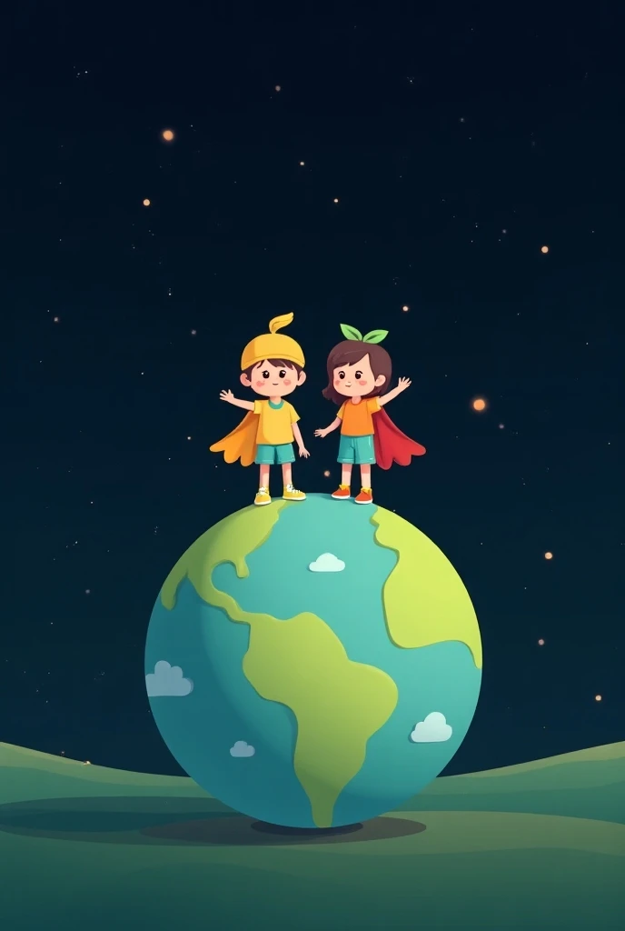 creates the happy planet earth being hugged and cleaned by 2 female high school students in a diver's uniform with a dark blue jacket and pants and yellow lines on the sides of the pants and arms with white sneakers