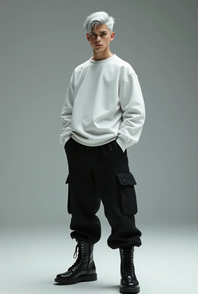 ((HD)) (( high resolution )) ((4K)) ((Seikon no qwaser)) ((Alexander Nikolaevich Hell )) A silver-haired boy 
White long sleeve sweatshirt black cargo pants military boot 