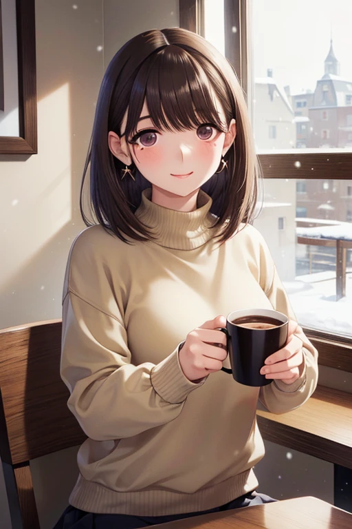 1lady standing, /(oversized sweater/) v-neck, mature female, /(black hair/) bangs, blush kind smile, (masterpiece best quality:1.2) delicate illustration ultra-detailed, large breasts pantyhose BREAK /(modern house living room/) indoors