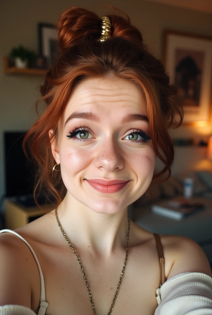 The image is a high-resolution photograph of a young woman taking a selfie in what appears to be a cozy, indoor setting. She is a Caucasian woman with fair skin, freckles, and auburn hair styled in a loose updo with a metallic hair tie. Her facial expression is playful, with a slight smile and raised eyebrows, and she is wearing dark, bold makeup including eyeliner and lipstick.