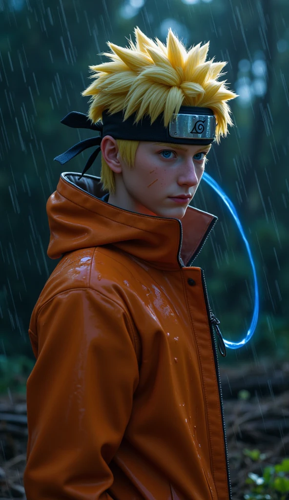 Create Naruto Uzumaki in a medium shot, standing in heavy rain against a dark forest background. Wearing wet orange jacket, water dripping from his blonde spiky hair. Konoha headband with detailed metal texture. Blue chakra energy swirling around him, reflecting in the raindrops. Dramatic backlighting through trees. Style: hyperrealistic 3D render, cinematic composition, 8k detail.