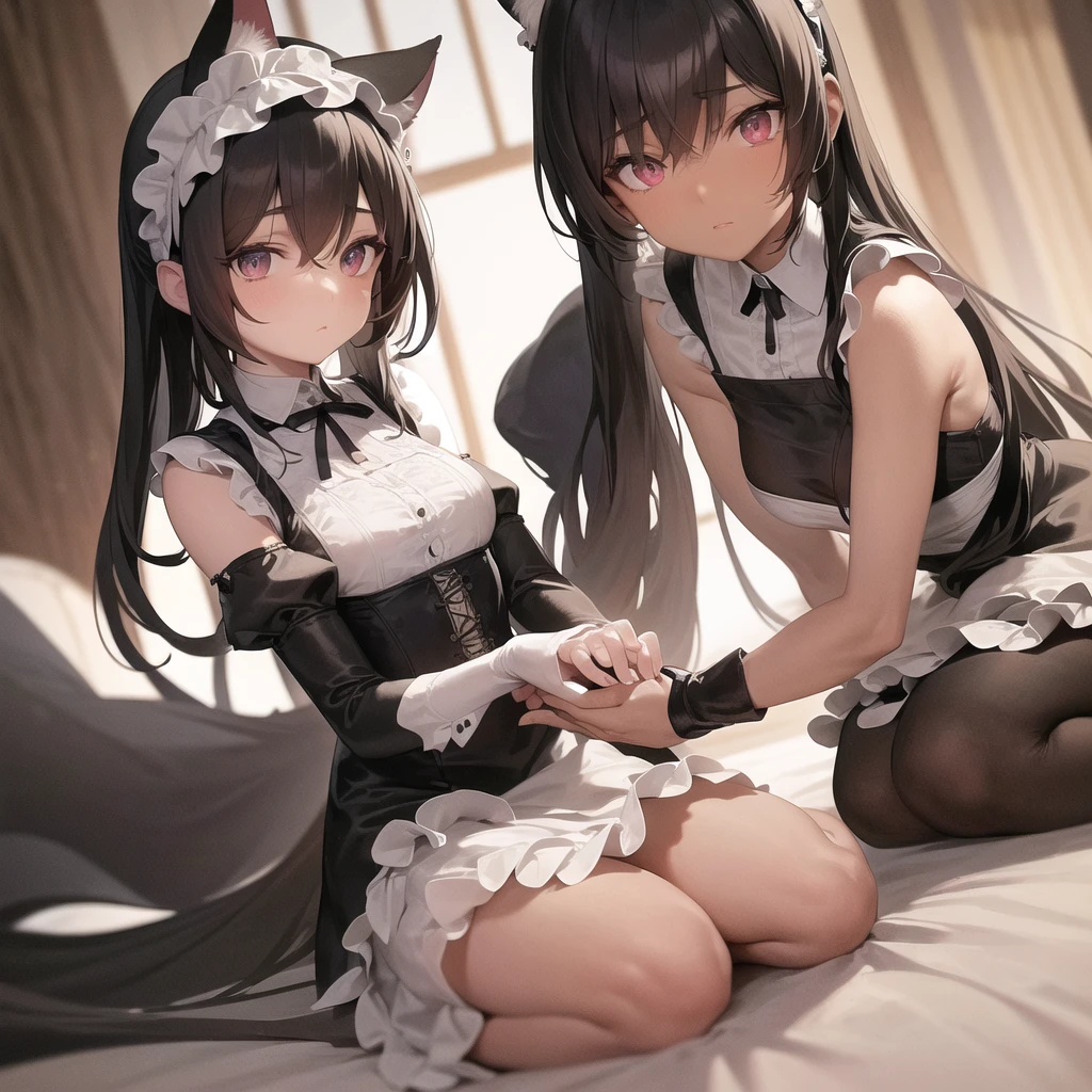 A maids, (in bedroom), various hair styles, night, details face, short skirt, seducing, sleeveless, maid uniform, armpits, animal ears, laying on bed