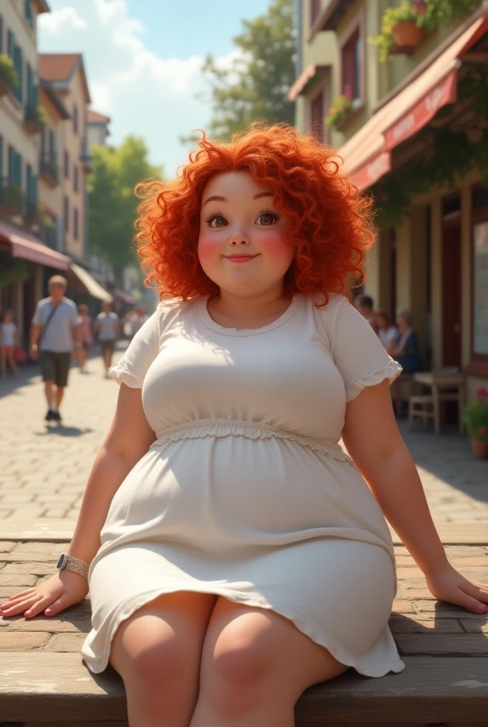 Create an animated pixar photo of a red-haired woman with big hips, chubby and a little chubby, with a small black and white cat and an orange and white cat and a Yorkie dog,