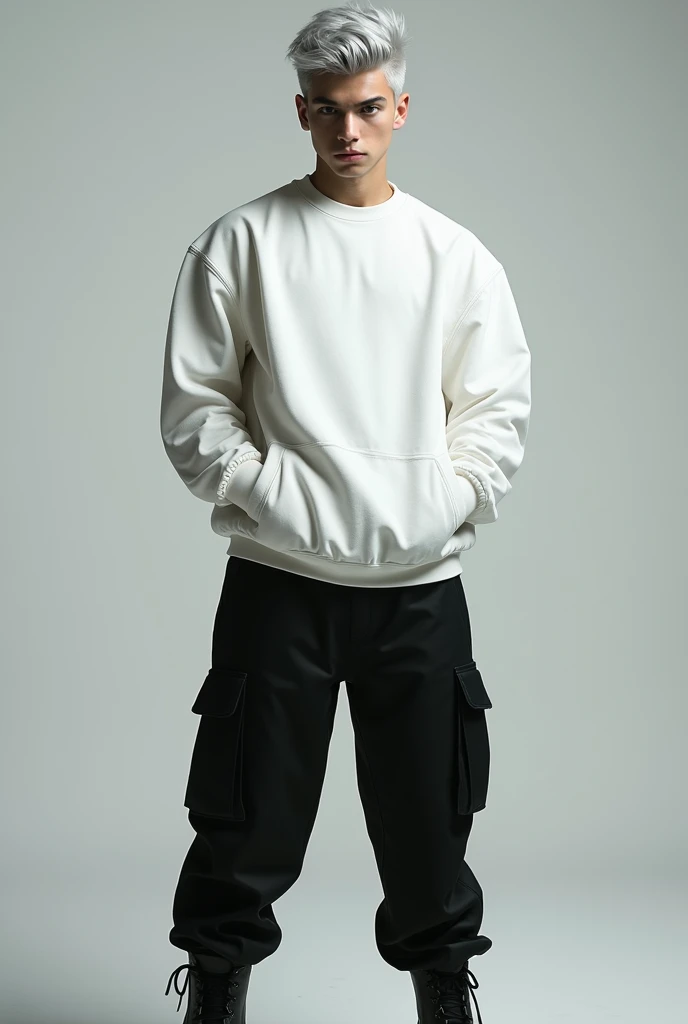 ((HD)) (( high resolution )) ((4K)) ((Seikon no qwaser)) ((Alexander Nikolaevich Hell )) A silver-haired boy 
White long sleeve sweatshirt black cargo pants military boot 