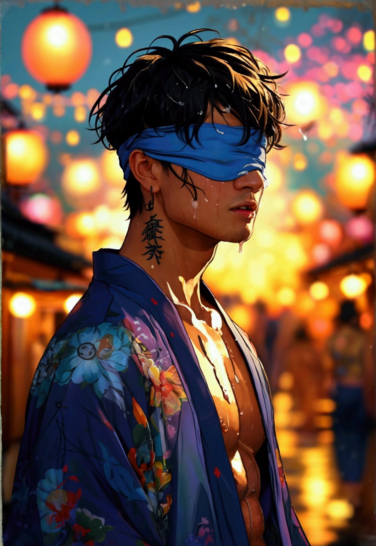 Best Quality、Super detailed、 masterpiece、 Japanese、young、young男性、young男、Muscular、The perfect man、Blindfold、 open your mouth 、 perfect body、Big body、I'm wearing a bright yukata、tattoo on chest、 brown skin、Black Hair、Short Hair、(Hairy、sweat:1.2)、Summer Festival、night、firework、Perfect penis、13 cm penis、cum on body、excessive cum