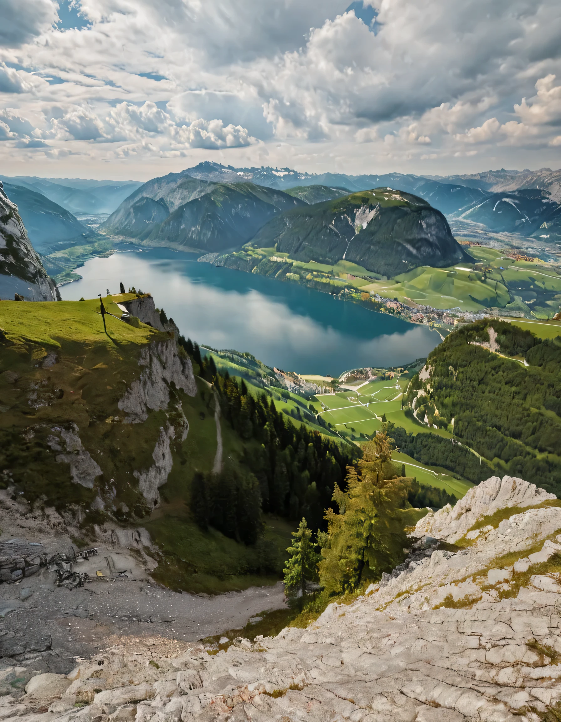 beautiful view from a top of a mountain to the valley with a lake, daylight, landscape photo, austria, 8k, very textured, very detailed, (best quality, 4K, 8k, highres), ultra-detailed, Studio lighting, extremely detailed, warm shades, (ultra clarity), Top quality , detailed backgrounds, very detailed trees and mountains, unedited photo, HDR, hyper realistic, lifelike texture