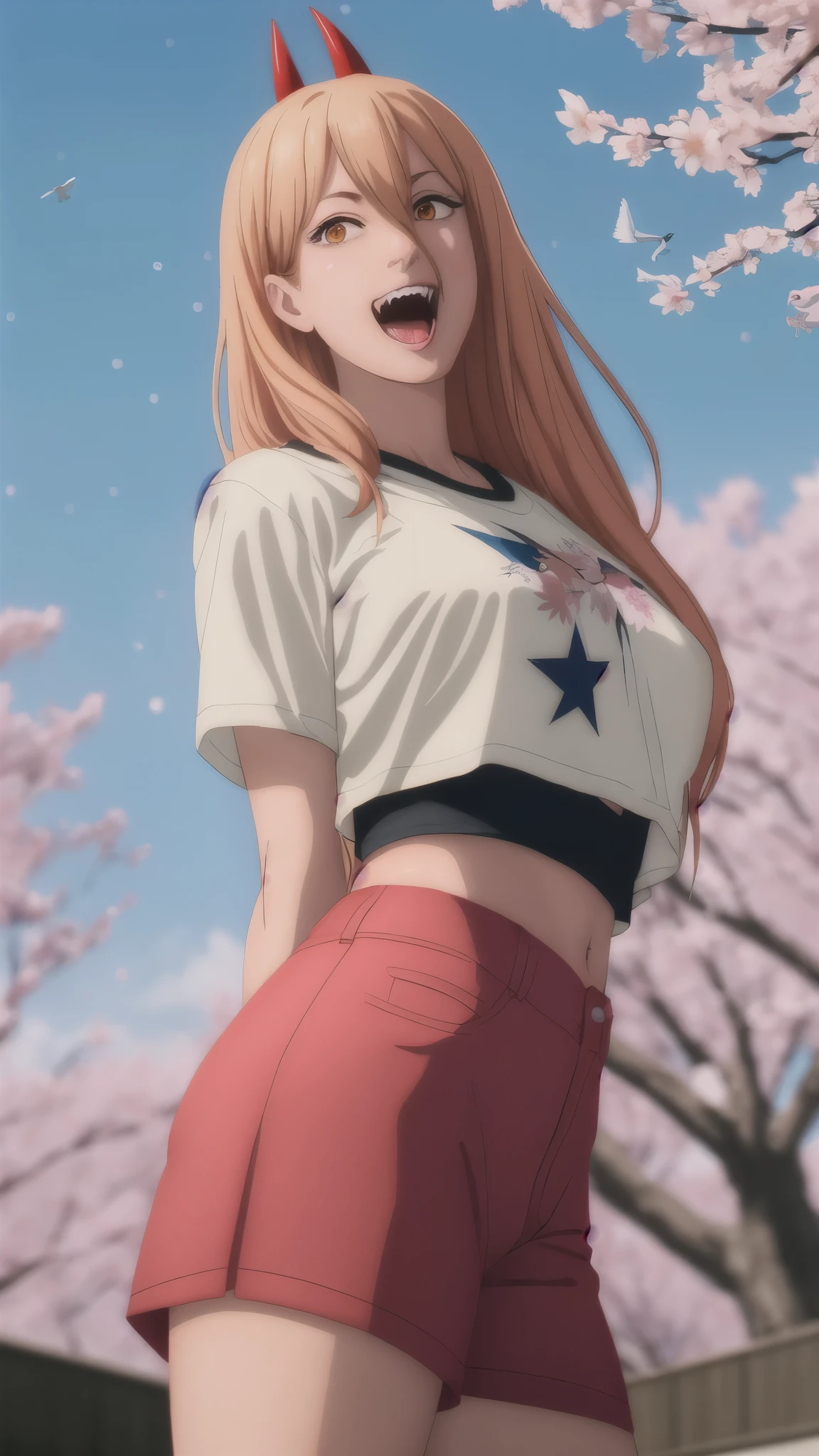 powa, t-shirt, depth of field, digital painting, seductive smile, open mouth, looking at viewer, detailed background, city, outdoors, confused, birds, bokeh, stars, cherry blossoms, alex ross, crop top,