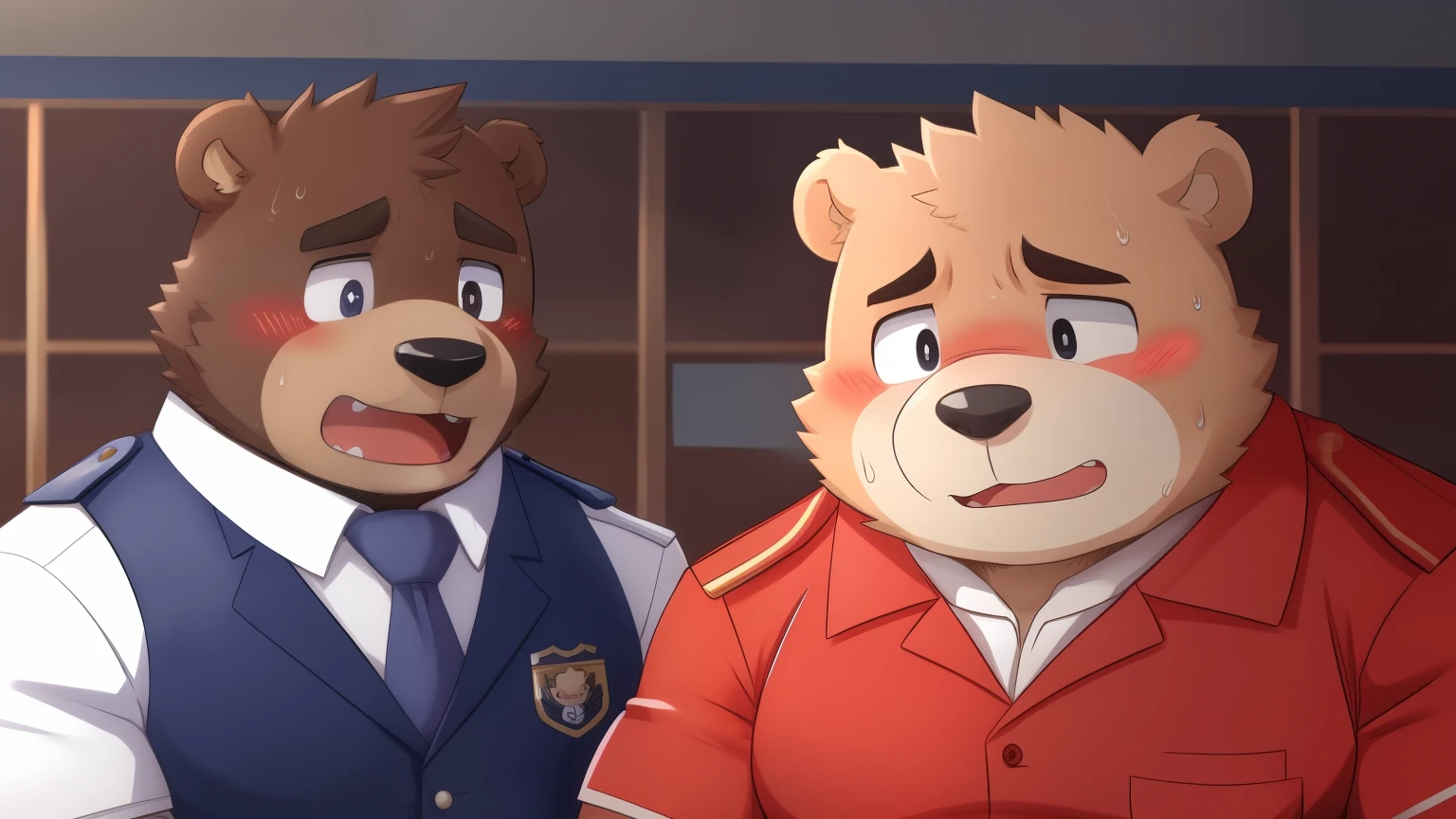 baby face, Musclegut, big chest, cute bear boy,uniform , blush, embarrassed, expression of agony, squat,hold the penis, sweating, Precum drips, testis, School, darkness, two persons