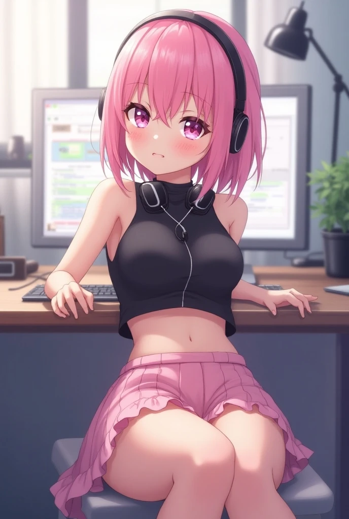 (masterpiece),(intricate details),1girl,mature female,medium breasts:1.39,tired face,brown eyes BREAK lukamegurine, luka megurine, blue eyes, headphones, long hair,ni clothes pink hair, (medium breast:1.2), BREAK arm warmers, armband, no shirt, no clothes, bare shoulders, black skirt (suggested by the context of no wearing clothes, potentially visible in this setting), midriff, navel, totally exposed breasts, shoulder tattoo, ((reclining on a serene countryside path winds through fields of blooming wildflowers, In front of a tree, inviting peaceful walks amidst a natural tapestry of vibrant colors and gentle fragrances.)),((upper body,portrait)),from above:1.4 BREAK day,sun,rainbow,((cumulonimbus)), depth of field,looking at viewer
