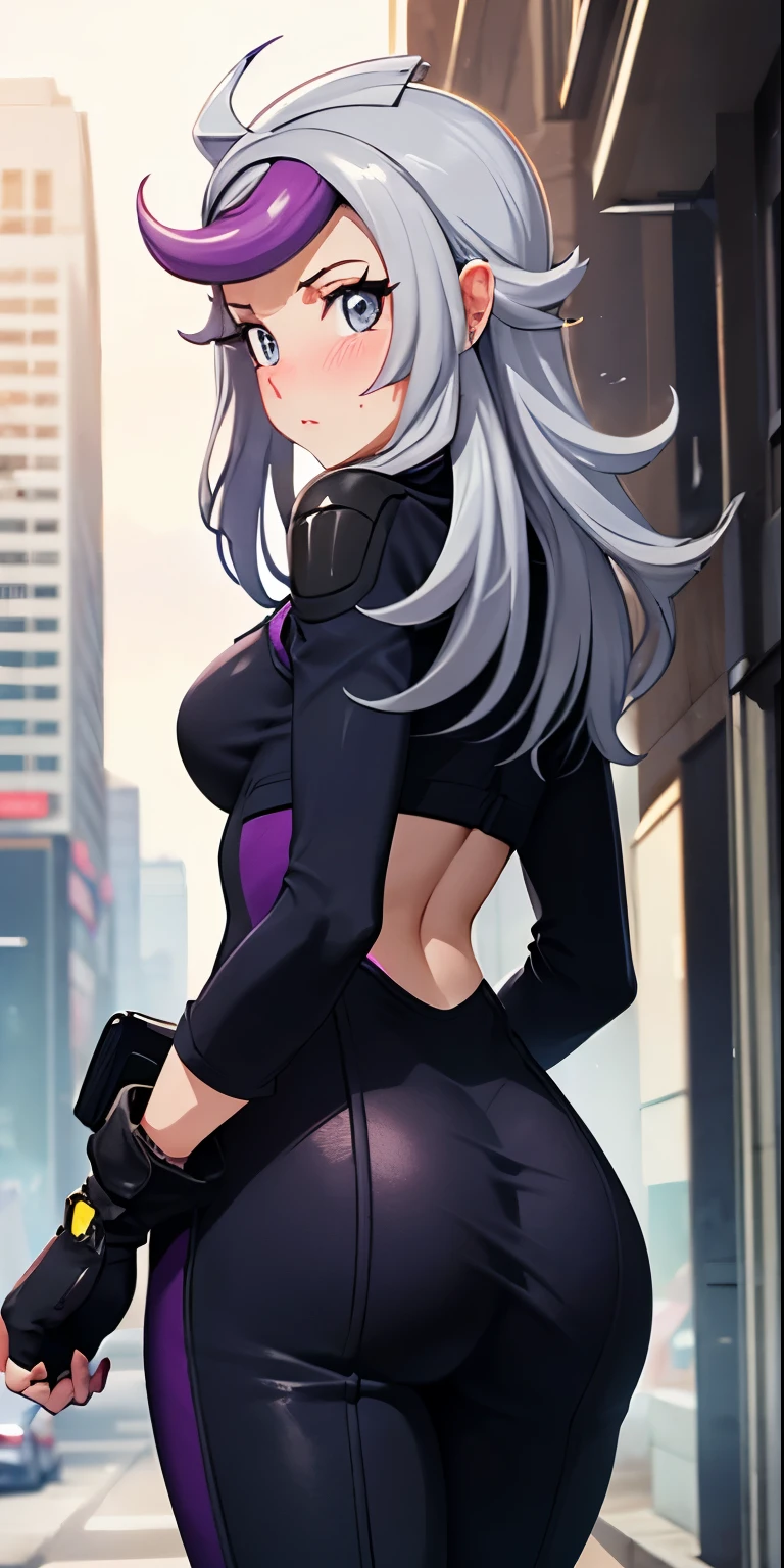 1 Female,High definition,high resolution,Ultra-realistic,8K, 1girl,  (emma_bessho:1.2),  (grey hair:1.2),(  purple hair:1.2),  grey eyes,  low-tied long hair,  (small tits),  (wide hips:1.2),  (purple bodysuit:1.2),  (long sleeves:1.2),  (pants),  (black gloves,  fingerless gloves:1.2),European,sexy,Upper body close-up,Photographed from the front,Dynamic Angles,blush, big tits, facial, sweat, (wide thighs:1.3),cyberpunk city, purple neon lights ,detailed face ,from behind),(huge ass),(show ass)