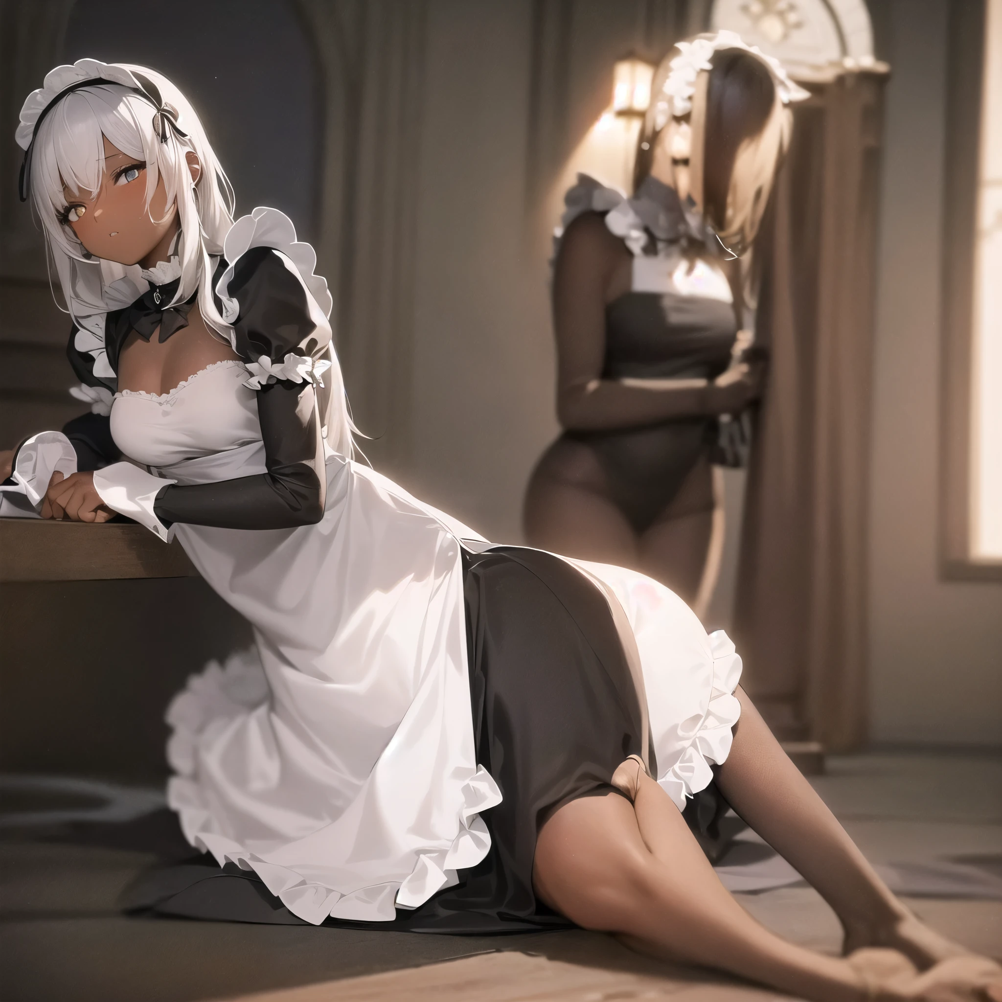 (masterpiece,best quality 1 4),super fine illustration,shiny pale white skin,detailed skin,detailed face,detailed eyes,an extremely cute and beautiful girl,beautiful face, shinny long hair, (maid costume), kneeling, curtsey, full body,skinny,(small breast), awaiting tongue, on the bed, (blindfold), show off nipples, clothed