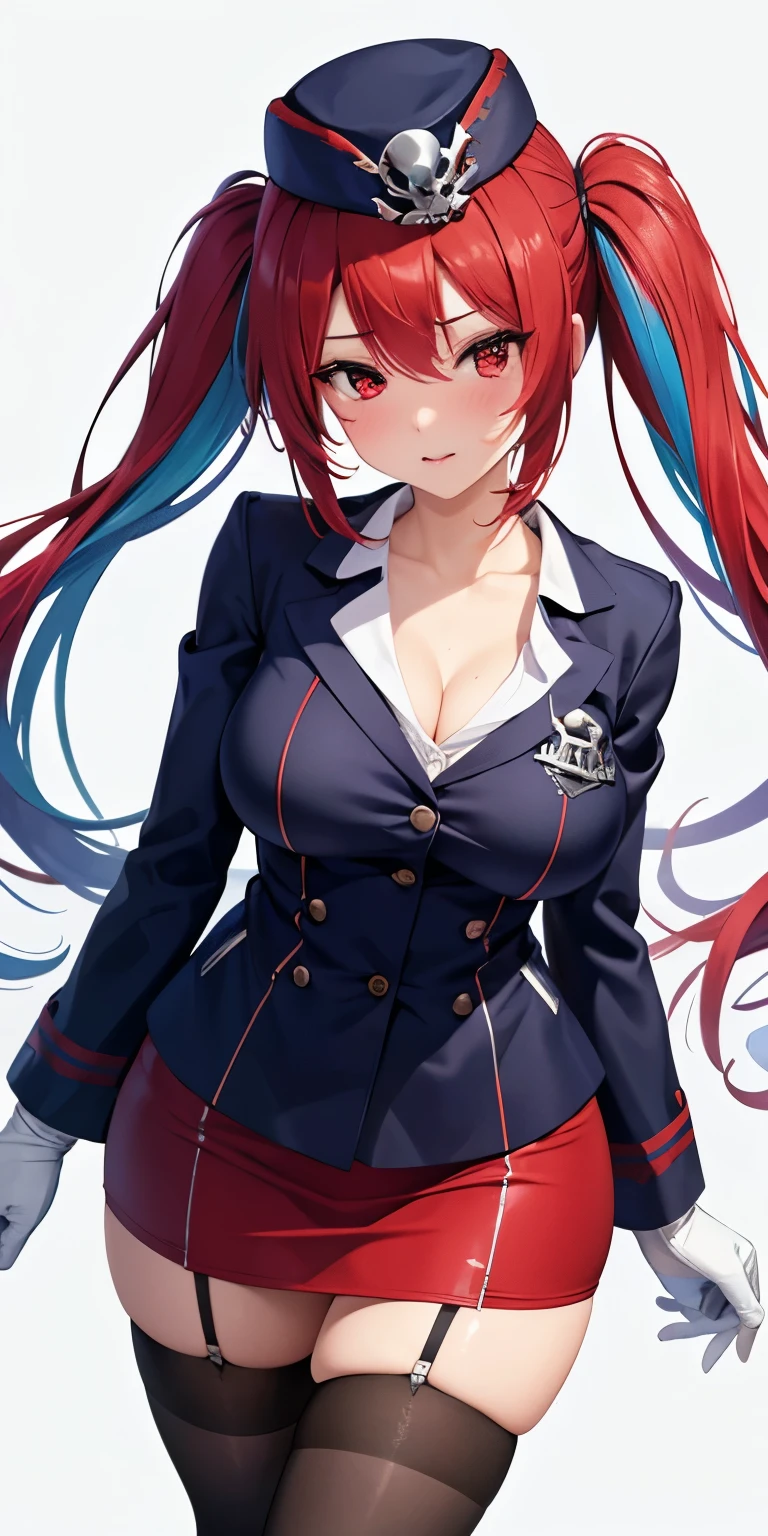 1 Female,High definition,high resolution,Ultra-realistic,8K, 1girl, solo, red hair, red eyes, twintails, employee uniform, pencil skirt, skull print, navy cap, fang, black legwear, white gloves, large breasts,European,sexy,Upper body close-up,Photographed from the front,Dynamic Angles,(blush), (medium tits) , multicolored hair 