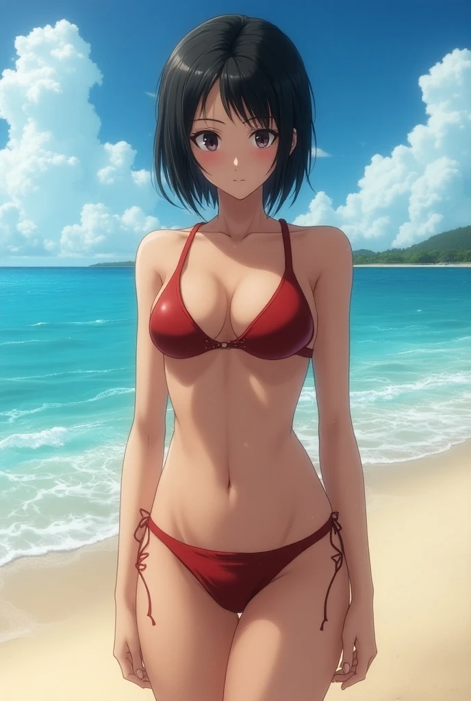  1 girl, Red eyes, very Short hair, lipstick, smile, black hair, female , tomboy Pixie haircut, thicc legs, bikini, belly, small breast, lipstick, half shot, beach background