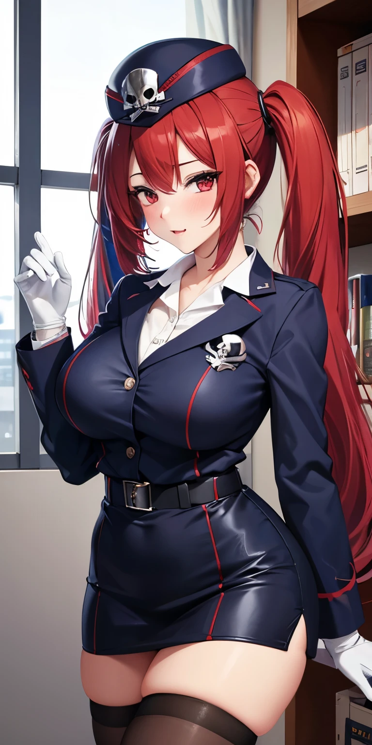 1 Female,High definition,high resolution,Ultra-realistic,8K, 1girl, solo, red hair, red eyes, twintails, employee uniform, pencil skirt, skull print, navy cap, fang, black legwear, white gloves, large breasts,European,sexy,Upper body close-up,Photographed from the front,Dynamic Angles,(blush), (medium tits) , multicolored hair 