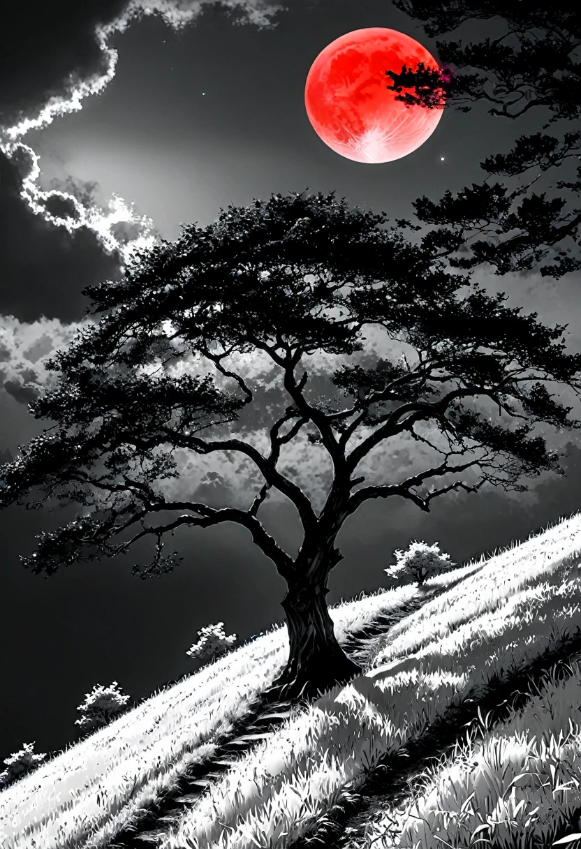 surreal theme, anime style, white fleecy hill, sprawling black and white tree, red neon moon in white and gray sky, max details, dynamic, great lighting, perfect shading, atmospheric, best quality, sharp focus, high contrast, stylized, clear, surreal, ultra quality, 8k, best quality, masterpiece, midjourneyv6.