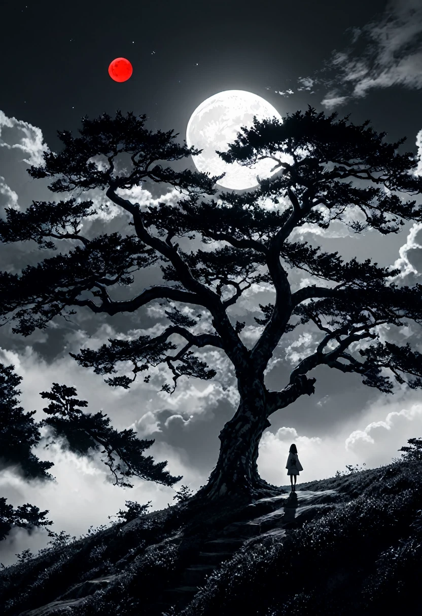 surreal theme, anime style, white fleecy hill, sprawling black and white tree, red neon moon in white and gray sky, max details, dynamic, great lighting, perfect shading, atmospheric, best quality, sharp focus, high contrast, stylized, clear, surreal, ultra quality, 8k, best quality, masterpiece, midjourneyv6.